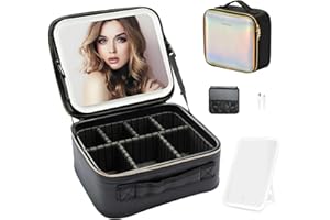 ZhenGuiRu Travel Makeup Bag with LED Mirror – Waterproof Cosmetic Train Case with Adjustable Dividers, Portable Makeup Organizer and Toiletry Bag for Women, Pink Teens & Girls Gift