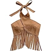 OYOANGLE Women's Fringe Criss Cross Sleeveless Halter Top Backless Music Festival Vacation Crop Tops
