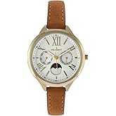 Peugeot Women’s Gold Round Multi-Function Watch with Skinny Brown Suede Strap