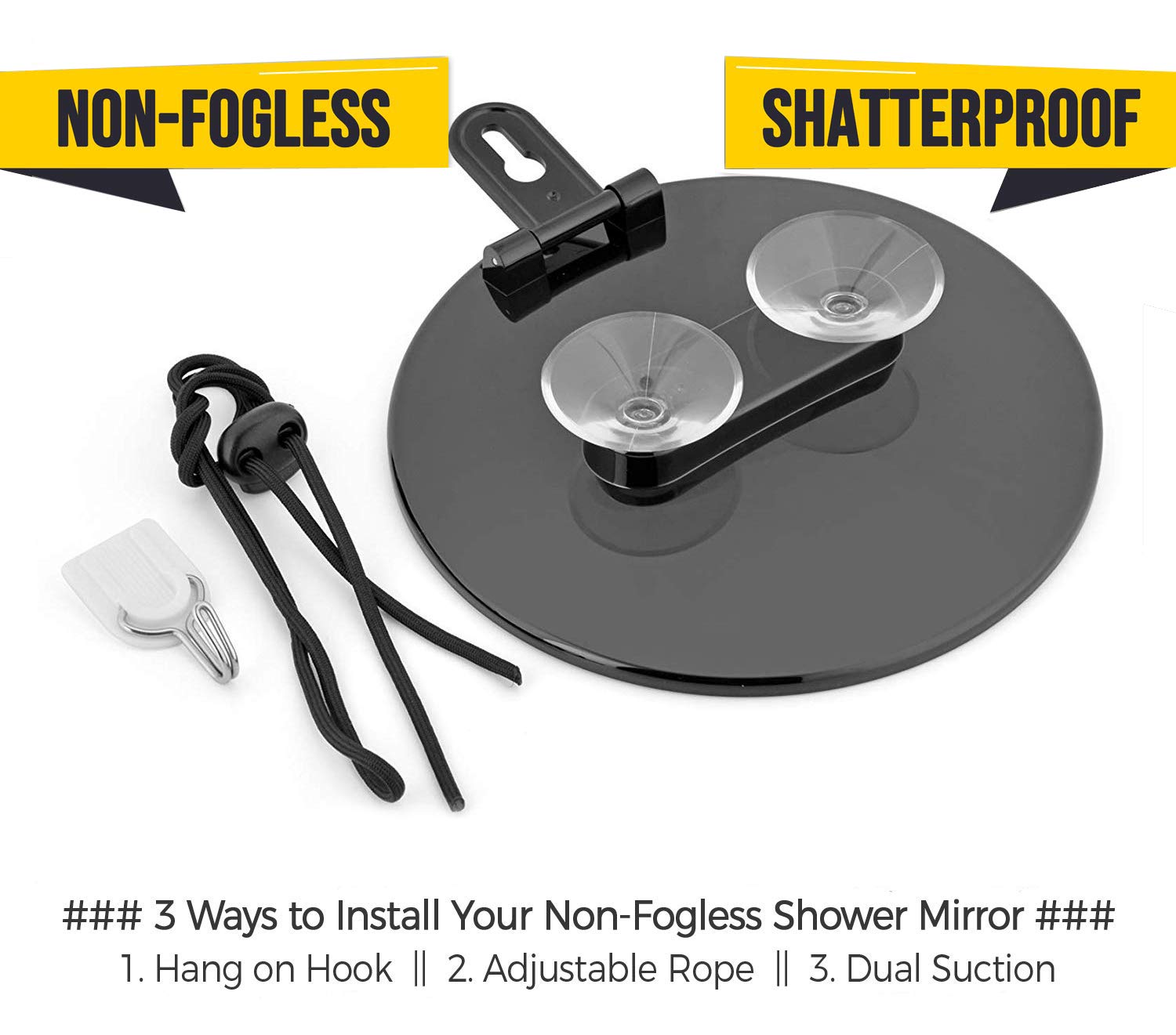 2019 Non-Fogless Shower Mirror for Shaving with Suction Cups, Hook for Hanging and Length Adjustable Rope, Portable and Shatterproof Surface, 6-Inch : Beauty