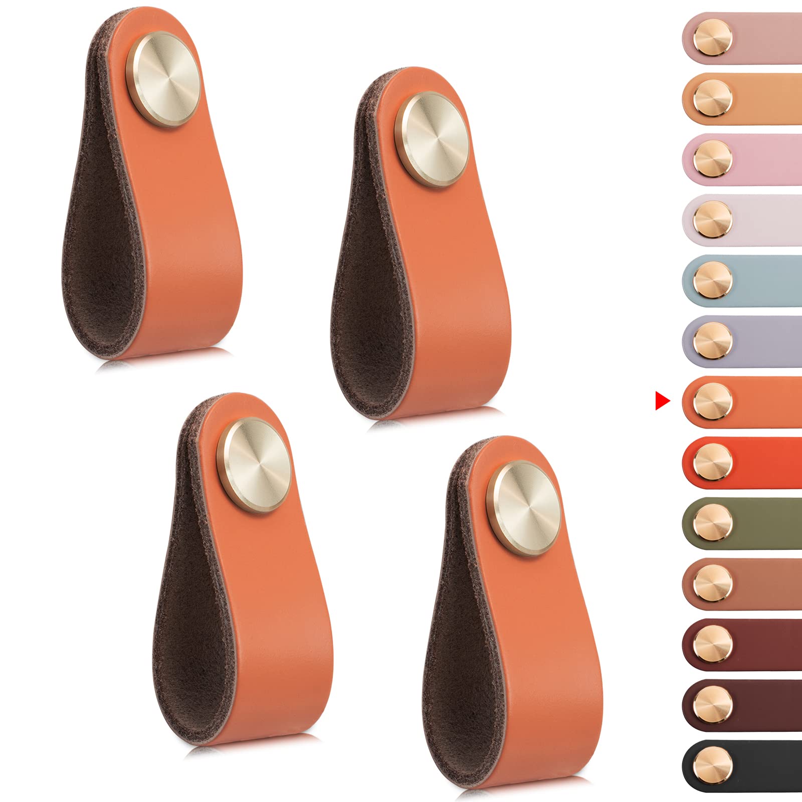 LEREATI 4pcs Leather Drawer Handles Drawer Knobs Kitchen Cupboard Handles, Leather Drawer Pulls for Cupboards, Wardrobe, Dresser, Closet (Light Orange, Single Hole)