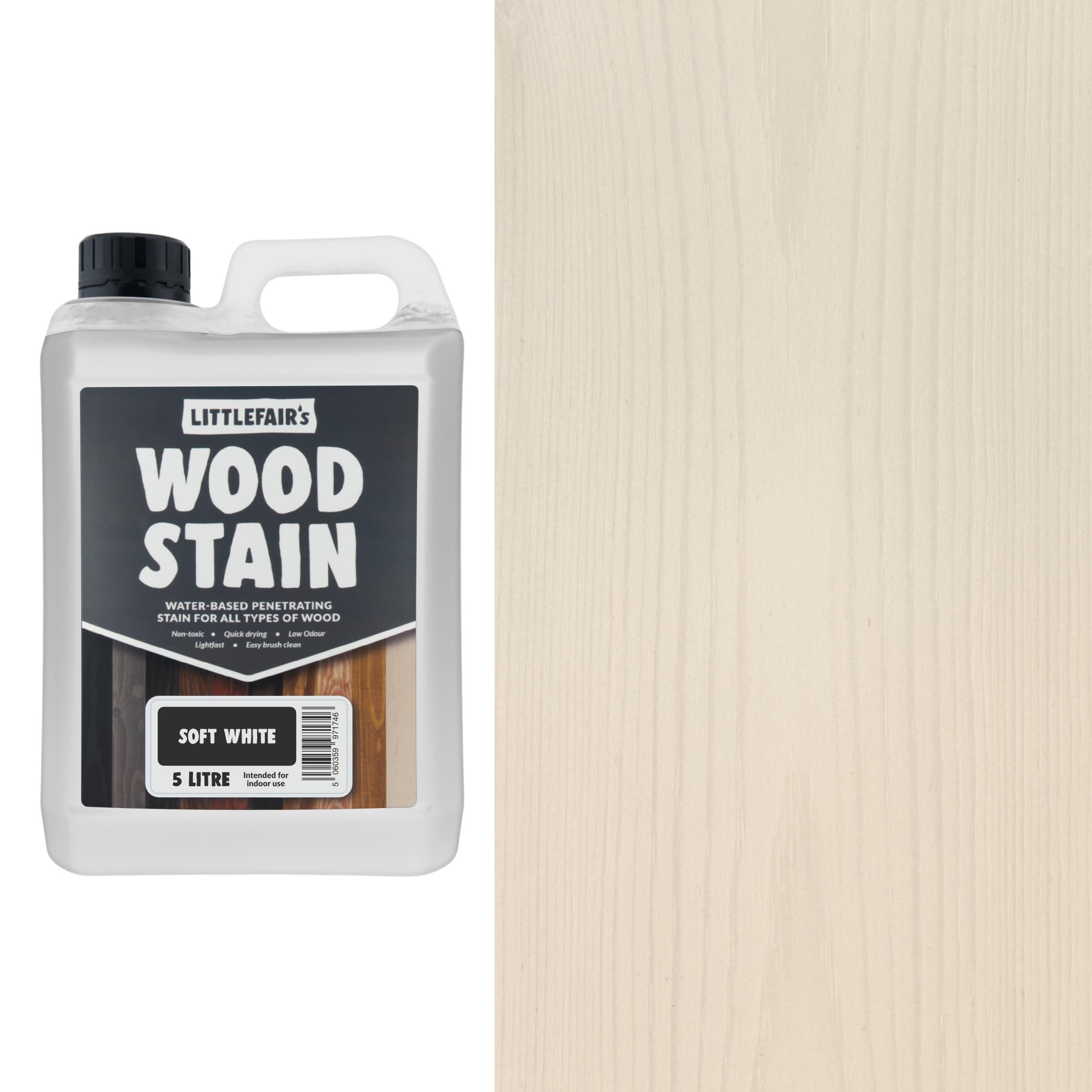 Littlefair's Wood Stain Water Based - 5 LTR - Indoor Furniture Stain Light & Dark Finishes - Special Non Toxic & Eco Friendly Formula - Wood Stain for Crafts - Colour: Sensual Soft White