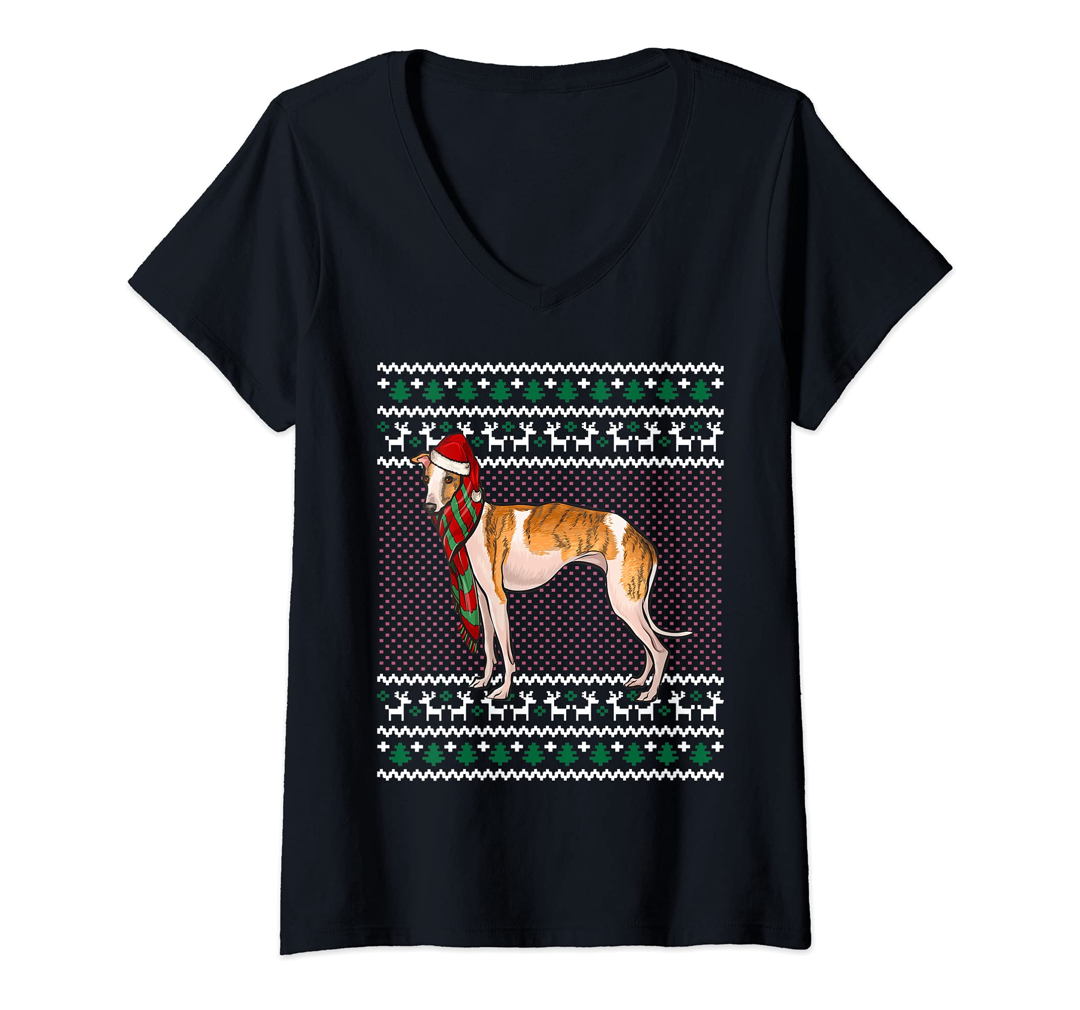 Womens Xmas Whippet Dog Santa Hat Ugly Christmas V-Neck T-Shirt