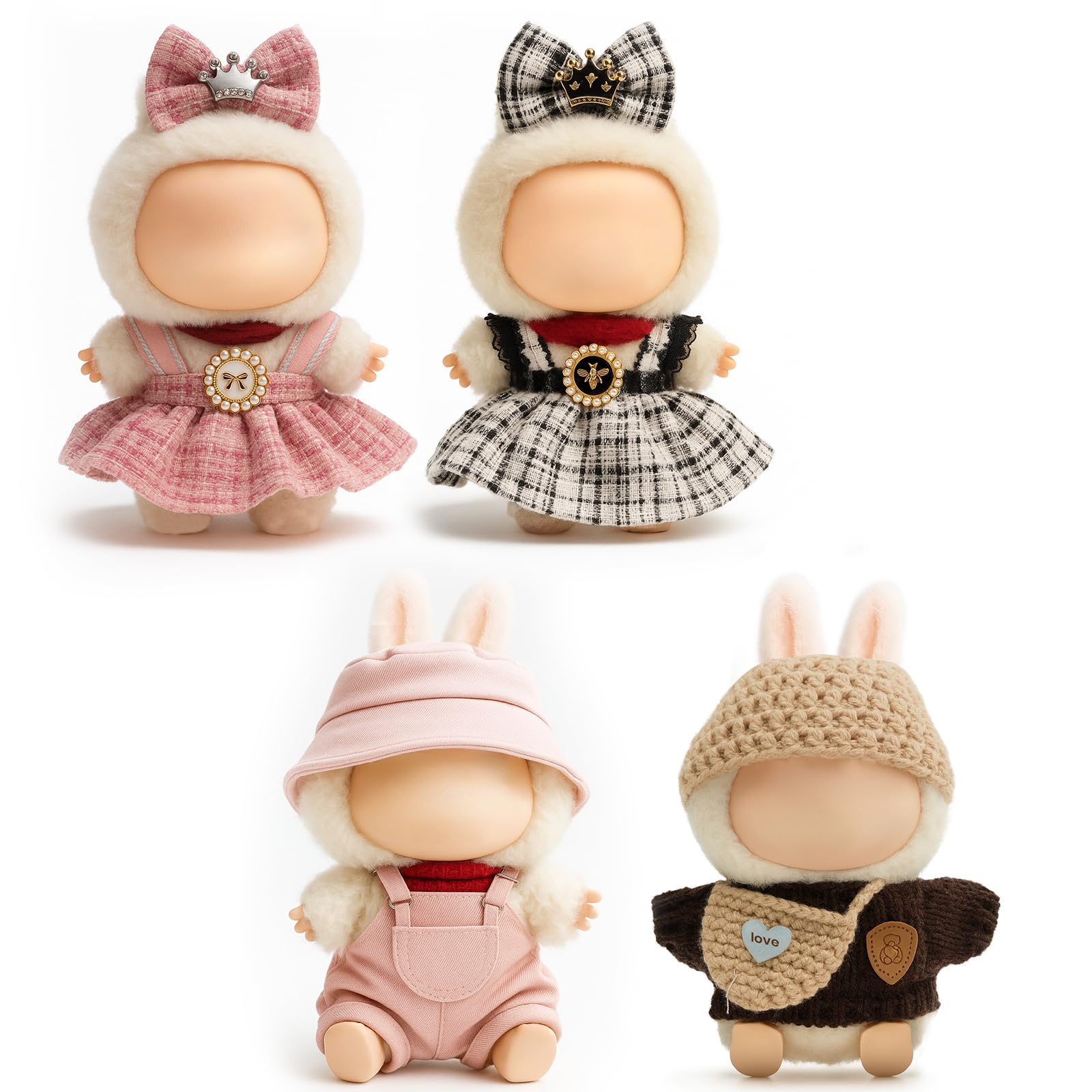 Photo 1 of (4-Pack) 17cm Clothes Set, Black Plaid Outfit & Pink Plaid Dress Set with Bow Clip and Metallic Details, Cute Pink Clothing, Knitted Doll Clothes with Hat & Crossbody Bag for 17cm Doll