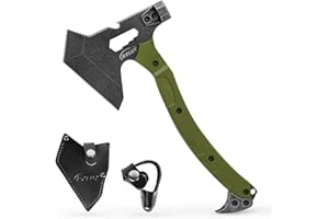 RXLUY Tactical Axe with G10 Handle Camping Survival Hatchet, Multifunctional Hiking Outdoor Heavy Duty Full Tang Tomahawk Tools with Hammer, Unique Design Crowbar, Leather Sheath (Green)