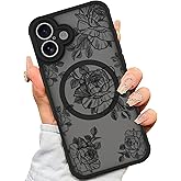 AIGOMARA Case for iPhone 16 Plus [Compatible with MagSafe] Black Flower Floral Pattern Design for Women Girls Soft TPU Bumper Hard PC Back Anti-Fall Shockproof Protective Slim Magnetic Cover