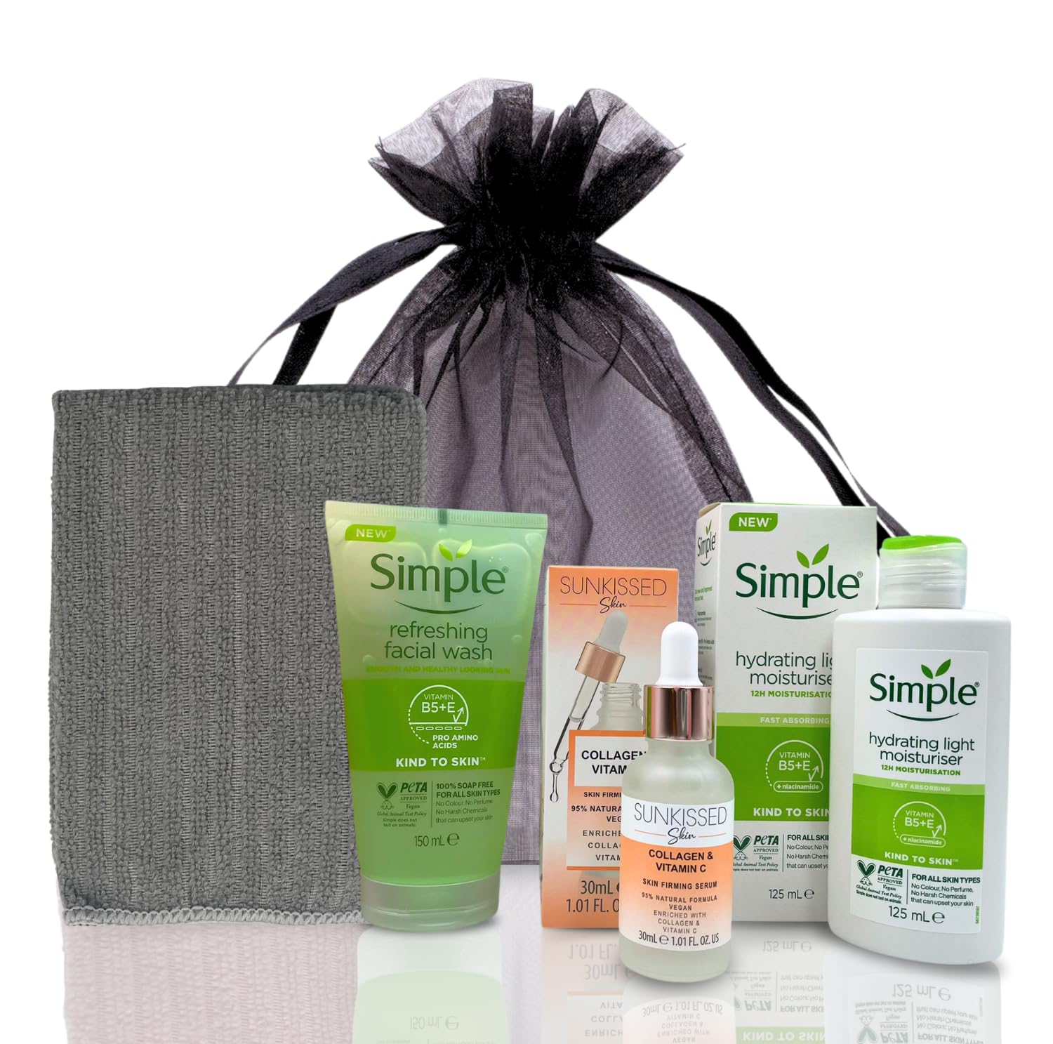 Simple Skincare Set – Face Wash, Hydrating Cleanser, Sunkissed Skin Firming Serum & Moisturiser Bundle (Grey)