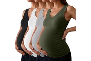 Ficerd 4 Pack Women's Maternity Tank Tops V Neck Summer Side Ruched Sleeveless Cotton Basic Pregnancy Shirts