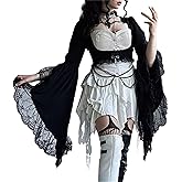 Allpunkall Goth Women Flare Long Sleeve Crop Shrug Top - Renaissance Tie Lace Trim Rave Bolero for Bridal Wedding
