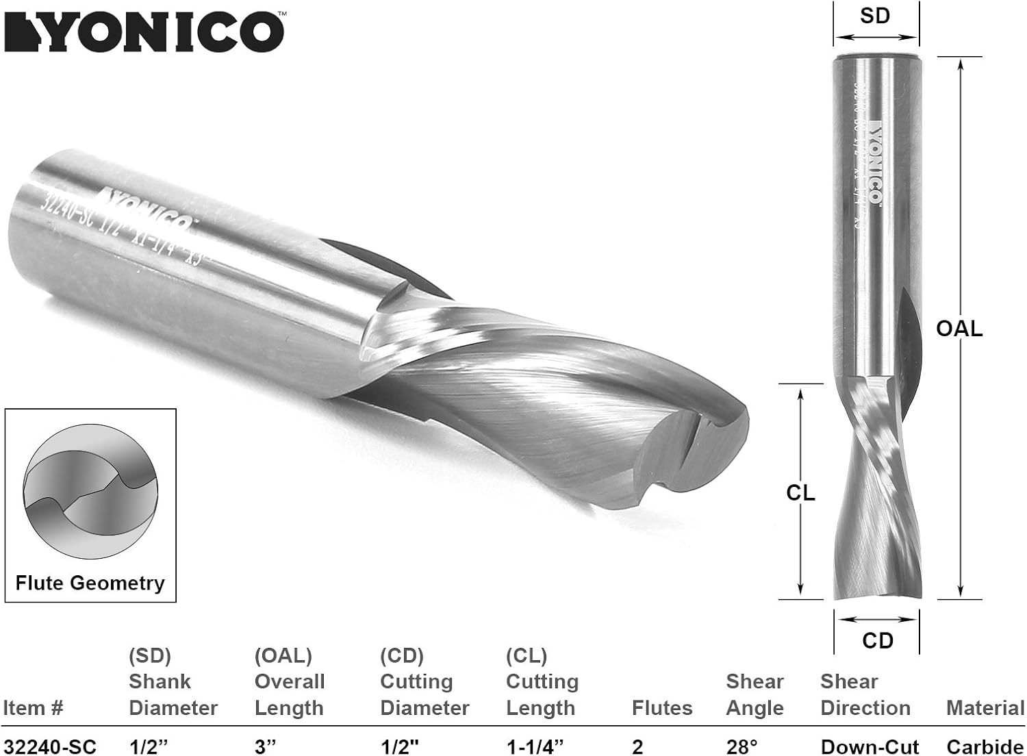 Yonico 32240-SC 1/2-Inch Dia. 2 Flute Downcut Spiral End Mill CNC Router Bit 1/2-Inch Shank, 1/2" Shank - Image 3