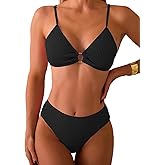 Fanuerg Women's Ribbed Triangle Bikini Sets O Ring Linked Two Piece Swimsuit Textured Cheeky Swim Bathing Suit