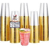 JOLLY CHEF 100 Pack Gold Plastic Disposable Cups, 12 oz Clear Plastic Cups Tumblers, Elegant Gold Rimmed Disposable Glasses for Wedding, Thanksgiving Day, Christmas