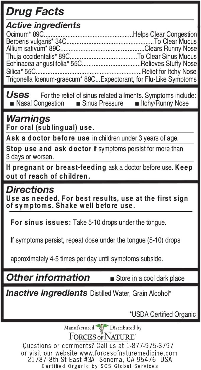 Forces of Nature - Natural Organic Sinus Maximum Strength Medicine (10ml) Non Drowsy, Non Addictive, Non GMO -Fight Congestion, Sinus Pressure, Pain, Sneezing and Runny Nose, Promote Sinus Health: Health & Personal Care