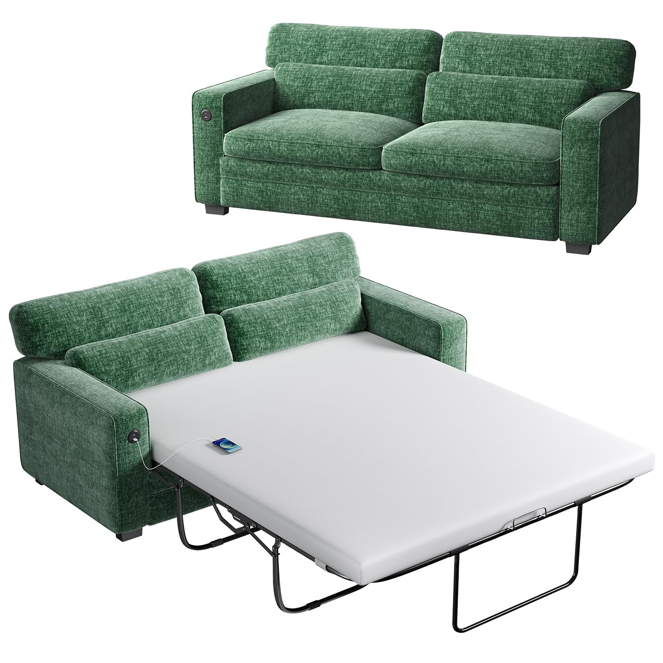 Photo 1 of ***PARTIAL SET*** ***BOX 2 OF 2*** Marsail Pull Out Sofa Bed, Queen Size Sleeper Sofa with Memory Foam Mattress, 2 USB Charging and Removable Covers, Loveseat for Living Room, Apartment, Supports 600 LBS, Chenille Fabric, Green