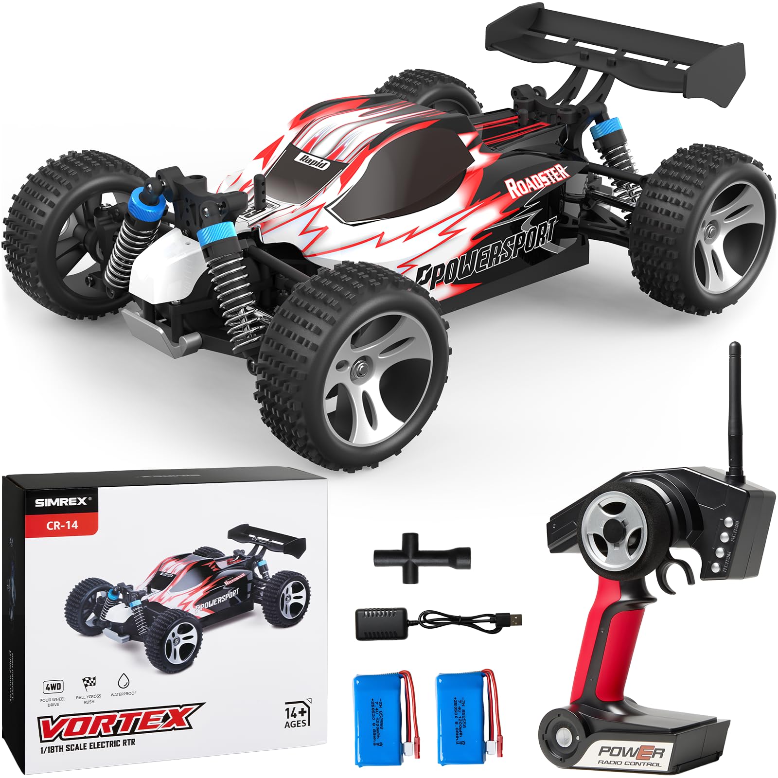 SIMREX 1:18 Scale All-Terrain Remote Control Car, 45 km/h, 4WD with 2.4 GHz Remote Control, RC Car with 2 Rechargeable Batteries, Gift for Children and Adults, Red