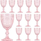 Scawim Valentine's Day Pink Glass Goblets Wine Glassware, 10 oz Vintage Wine Glasses Set of 12, Romantic Wedding Glass Set, Embossed Drinking Stemware Beverage Cups for Wedding Party Bar