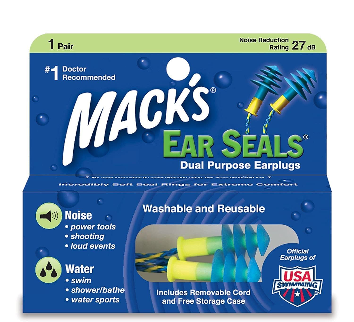 Mack's Seals Ear Plugs (1 Pair) - Blue/Yellow