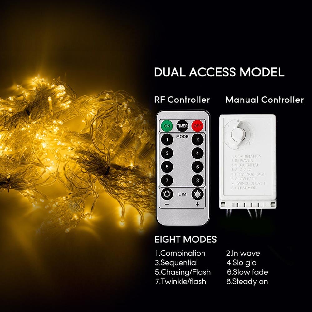 Bjour 300 LEDs Curtain Icicle Lights Christmas String Fairy Light Low-Voltage with 8 Lighting Modes RF Controller, Warm White