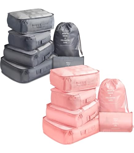 Lot De 8 Cubes De Rangement Voyage + Sac à Chaussures - Organisation Valise - Tissu Nylon Résistant - Style B Beige