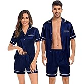 SWOMOG Couples Matching Pajamas Set Satin Short Sleeve Button Down Tops Silk Shorts Pj Lounge Set Soft Sleepwear
