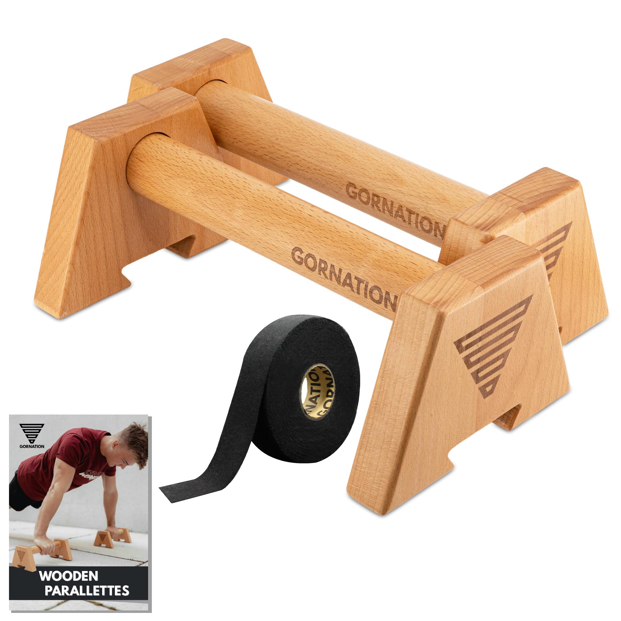 GORNATION Wooden Parallettes, Beech Wood Parallettes Bars, Wood Bars for Calisthenics, Fitness, Handstand & Push Up, Non-Slip Feet & Portable Calisthenics Equipment for Home and Outdoor Workouts