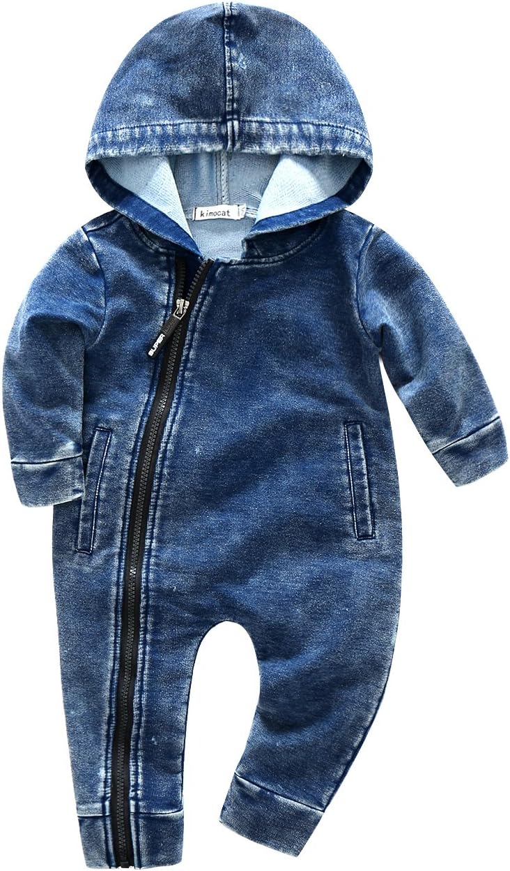 KimocatNewborn Baby Hooded Romper Jumpsuit Long Sleeve Denim Blue Bodysuit with Oblique Zipper Pockets Outfits