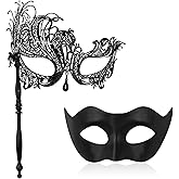 IncreDecor Couple Masquerade Mask with Holding Stick Venetian Metal Masks Halloween Mardi Gras Costume Mask for Women & Men