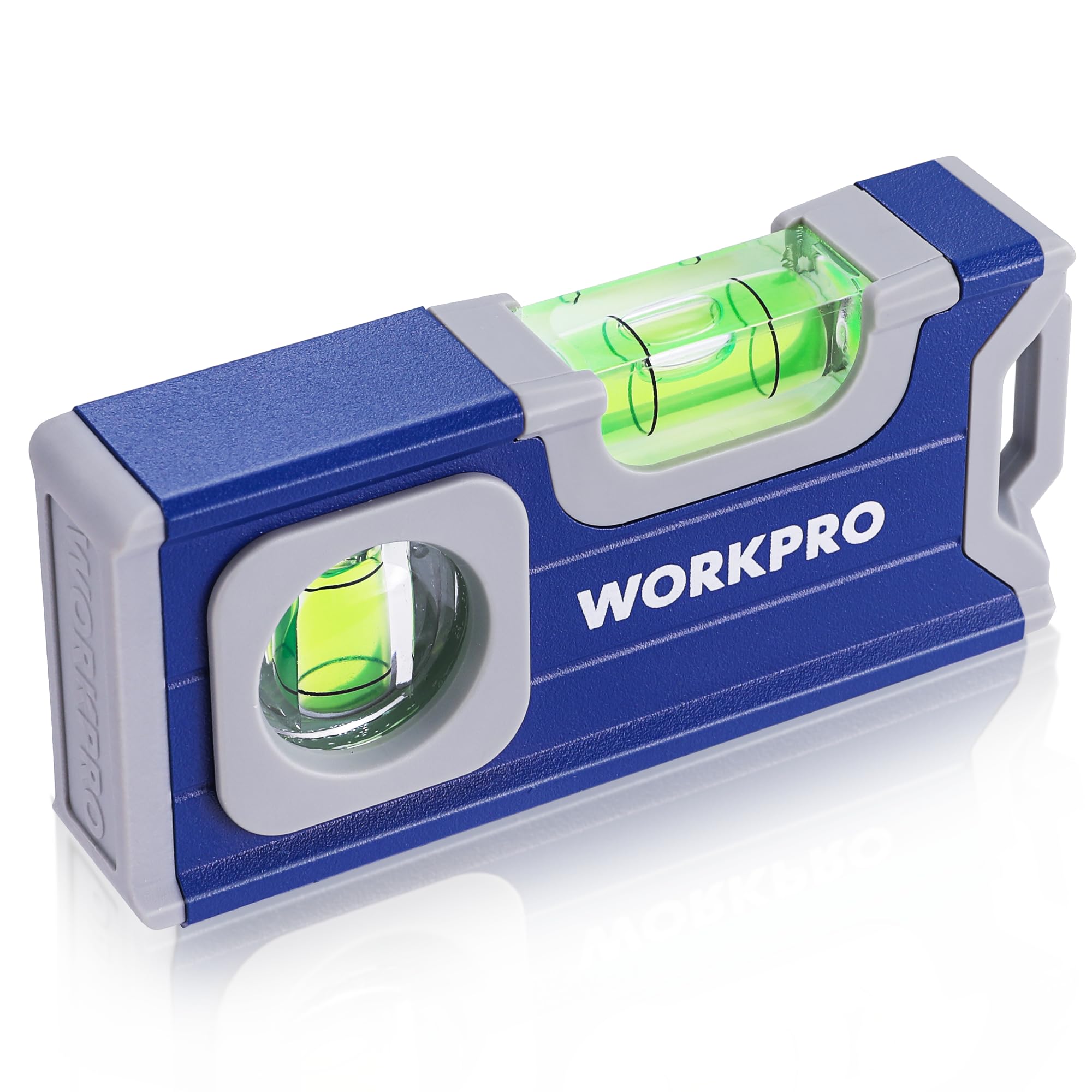 WORKPRO Magnetic Spirit Level 115 mm, Mini Spirit Level with 2 Vials 90°/180°, Magnetic Spirit Level with Hanging Hole, Aluminum Alloy Body, Strong Magnet, Grooved Design for Builders