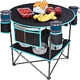 FUNDANGO All in One Tailgate Table, Portable Beach Table with Cup Holders, Camping Table Foldable with Side Pockets Carry Bag for Camp Outdoor Sand Beach Picnic Fishing Tailgating Essentials