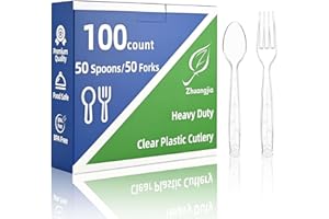 ZHUANGJIA 100 Count Plastic Silverware Heavy Duty 50Forks50Spoons | Shatterproof BPA-Free Disposable Cutlery Heat Resistant Disposable Plastic Utensils for Catering & Events, Party Supplies