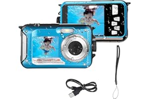 Acuvar 48MP Megapixel Waterproof Dual Screen Full HD 1080P Digital Camera for Under Water Photo and Video Recording for Selfies with LED Flash Light for Adults and Kids (Blue) + Microfiber Cloth