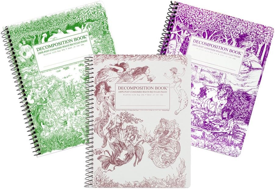 Michael Roger Press Decomposition Mythical Creatures Set, Three Total Designs: Fairy Tale Forest, Mermaids & Gardening Gnomes, Each notebook measures 7.5 by 9.5 Inches, Wirebound, Made in the USA