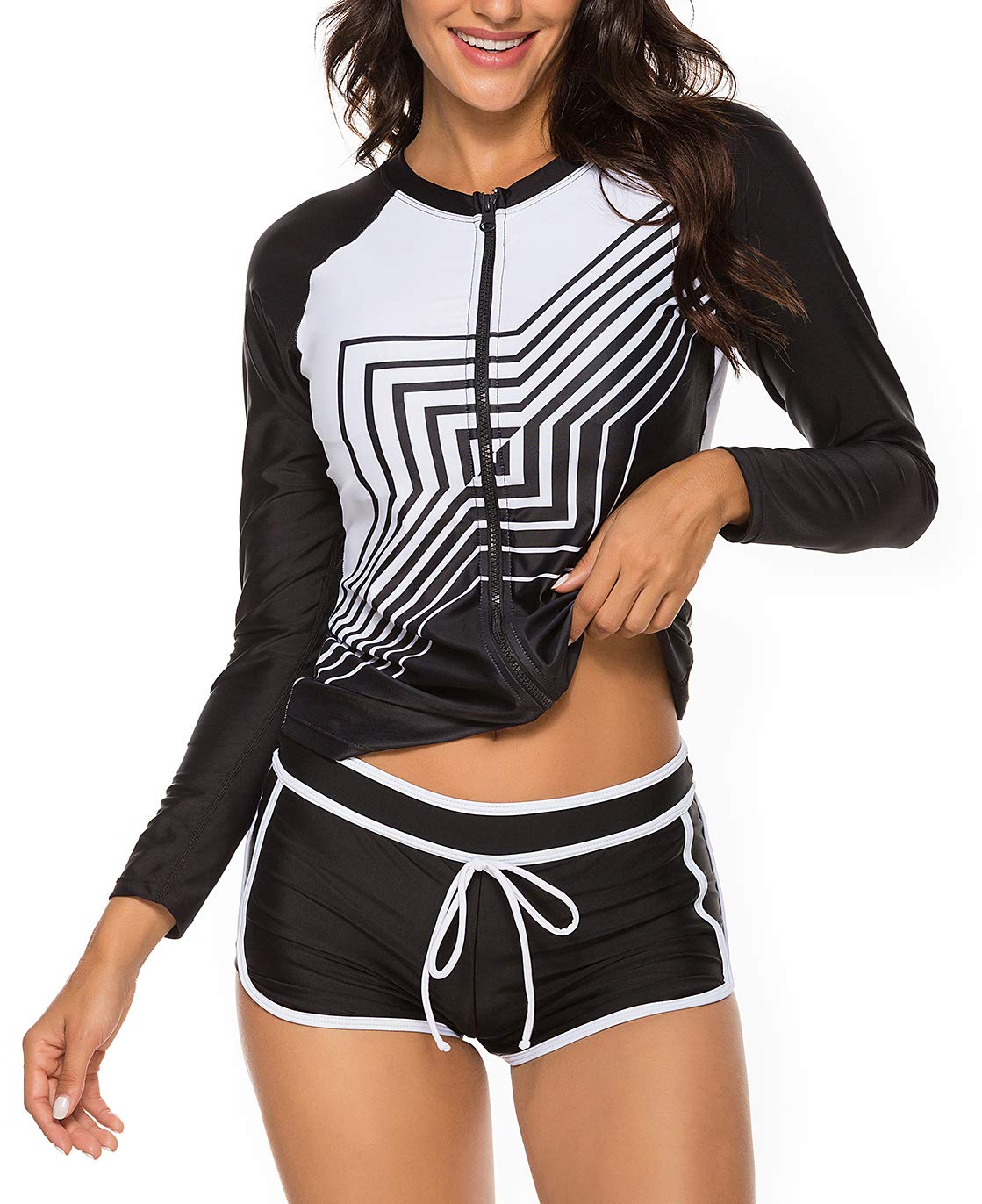 Photo 1 of YATEEN Women's Long Sleeve Sun Protection Rash Guard Wetsuit Two Piece Swimsuit Set Black/White