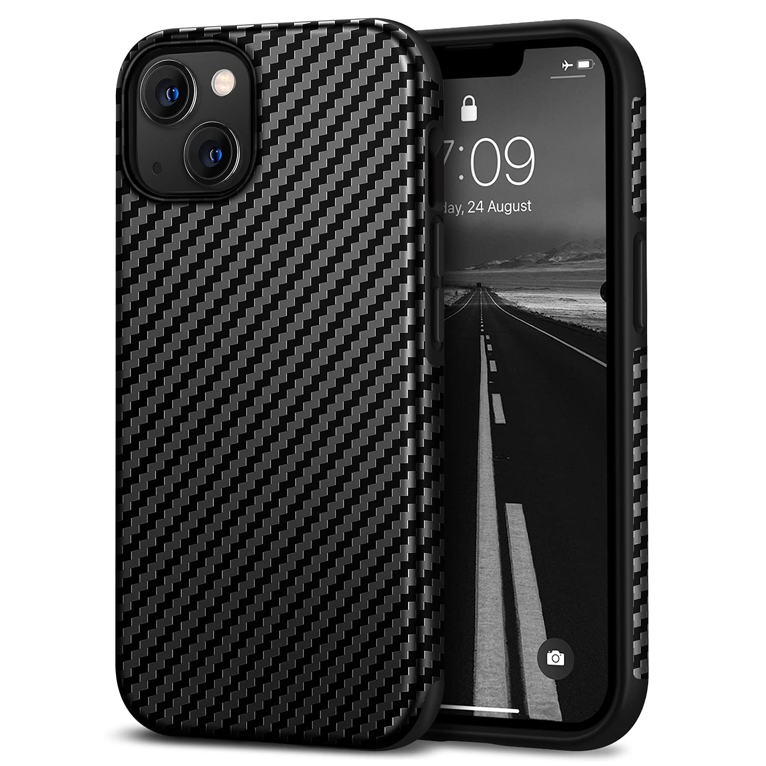 Photo 1 of Tasikar Leather Case Compatible with iPhone 13 Mini Case, Carbon Fiber Texture Silicone Bumper Hard Back Cover Protective Phone Case Compatible for iPhone 13 Mini 5.4'' 5G 2021, Black