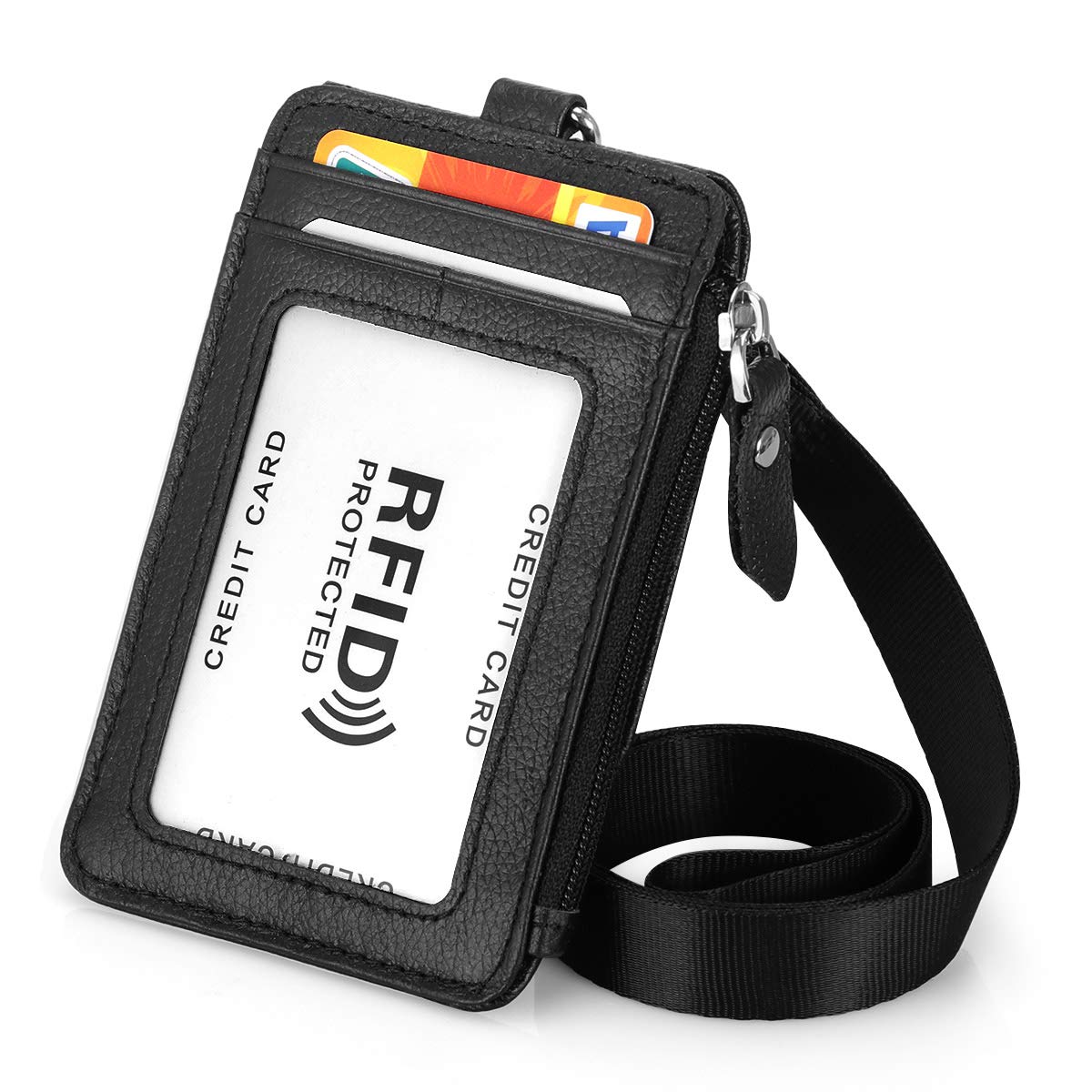 Photo 1 of HAWEE Badge Holder with Zipper Genuine Leather RFID Keychain Wallet Neck Lanyards with Swivel Hook for Card/Coin/Cash, Black