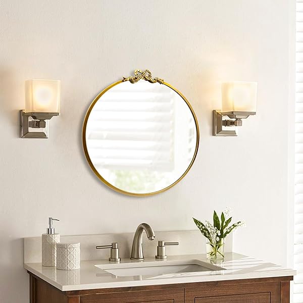 TOPCITY VINTAGE ROUND GOLD BOW MIRROR: 20″ ANTIQUE BATHROOM VANITY MIRRORS WITH METAL FRAME – BAROQUE ORNATE FOR ENTRYWAY/BEDROOM/HALLWAY/FIREPLACE- HOME WALL DECOR FOR LIVING ROOM