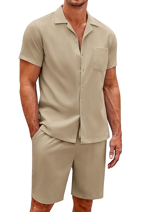 Amazon Beige Short Sleeve Button Down Dress Shirt Silk Pajamas