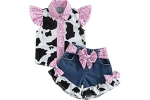 Toddler Girl Denim Western Outfit Baby Cowgirl Clothes Cow Print Ruffle Shirt Button Down Tops Belted Jeans Shorts