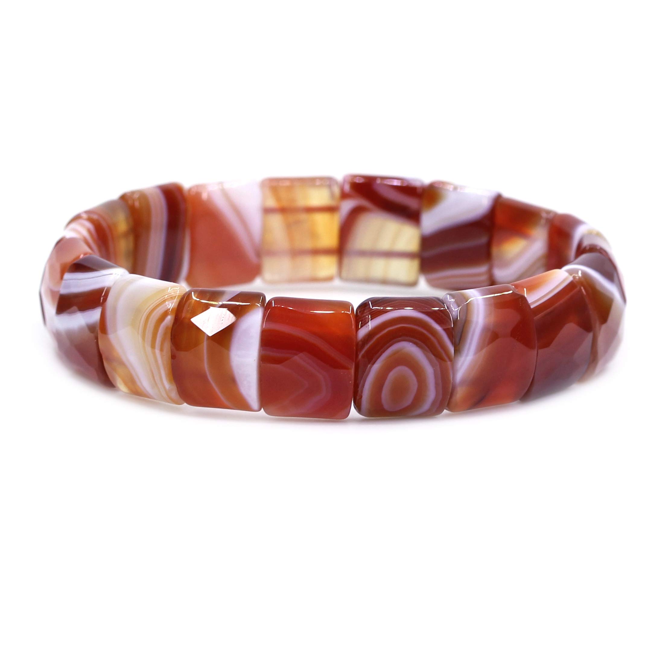 CHENYUE Natural Red Banded Agate Gem Semi Precious Gemstone 15mm Faceted Square Grain Beads Stretch Bracelet 7.5 Inch