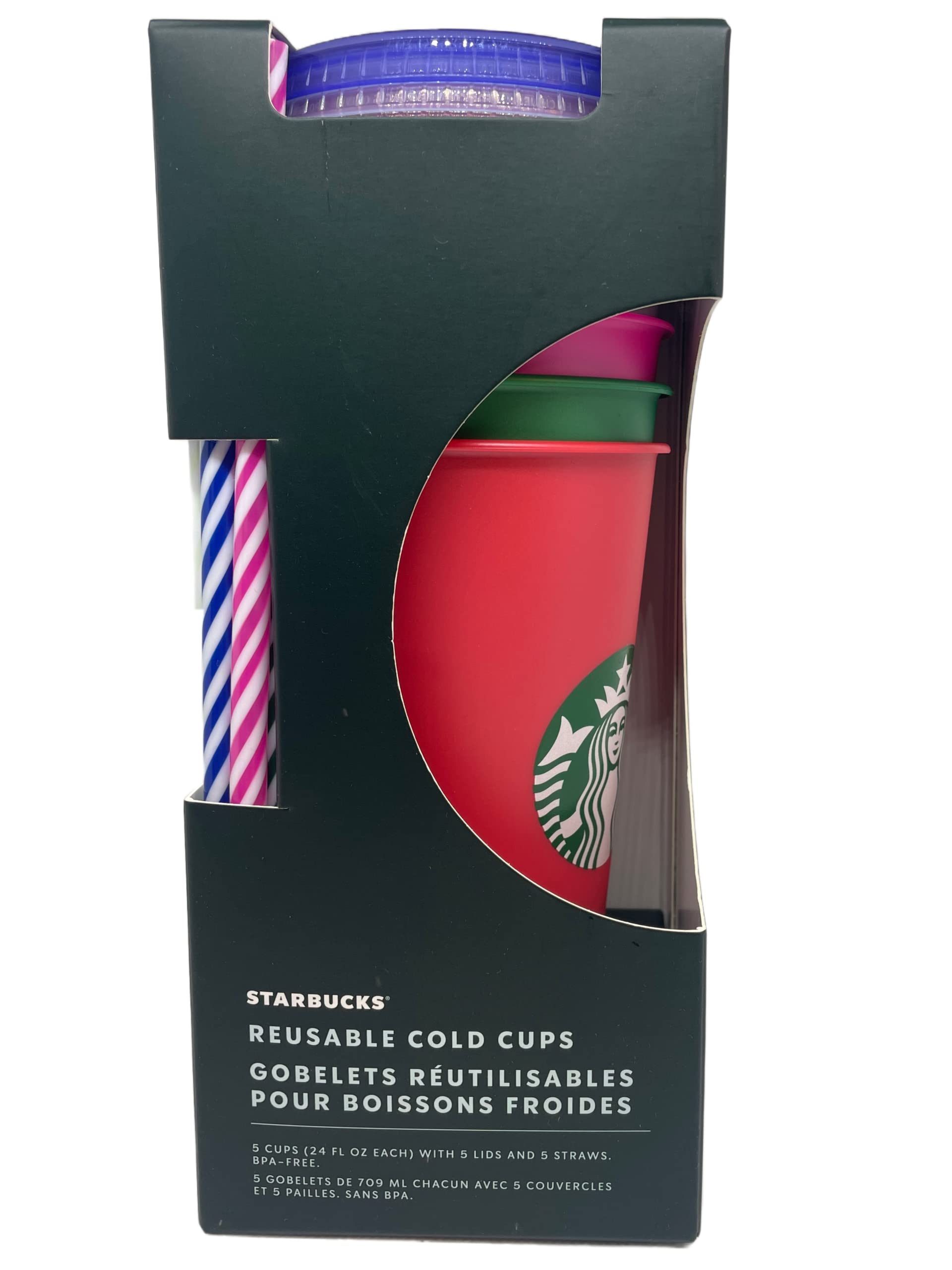 STARBUCKS Reusable Christmas Holiday Cold Cups 2022, Set of 5 Festive Cups with Lid and Straw, Venti, 24 Oz, 709 ml