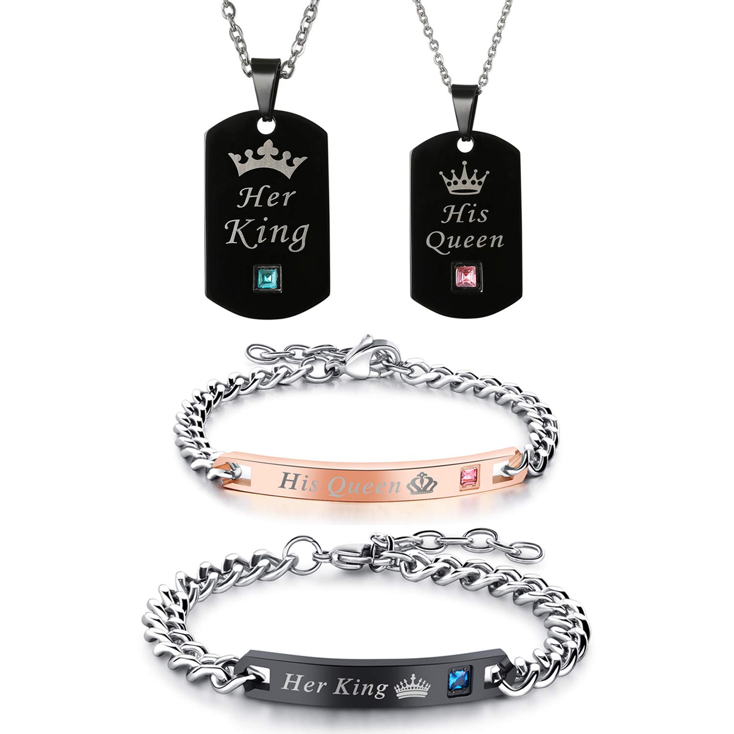 Cupimatch 2 Pairs His Queen Her King Crown Necklace Bracelets Set, Adjustable Stainless Steel CZ Couple Matching Dog Tag Pendant Necklace His and Hers Wrist Link Cuff Bangle
