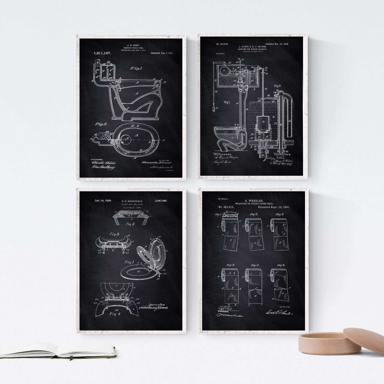 Nacnic BLACK - Pack of 4 sheets with PATENTS toilet. Set posters with inventions and old patents. Choose the color you like. Printed on 250 grams