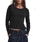 Long Sleeve Shirts for Women Ruffle Hem Smocked Tops Crewneck Crop Tops 2026 Trendy Tops Y2K Fall Fashion