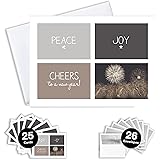 CEO Cards - New Year Greeting Cards (Peace Joy & Cheers), 5x7 Inches, 25 Cards & 26 White with Silver Foil Lined Envelopes (N