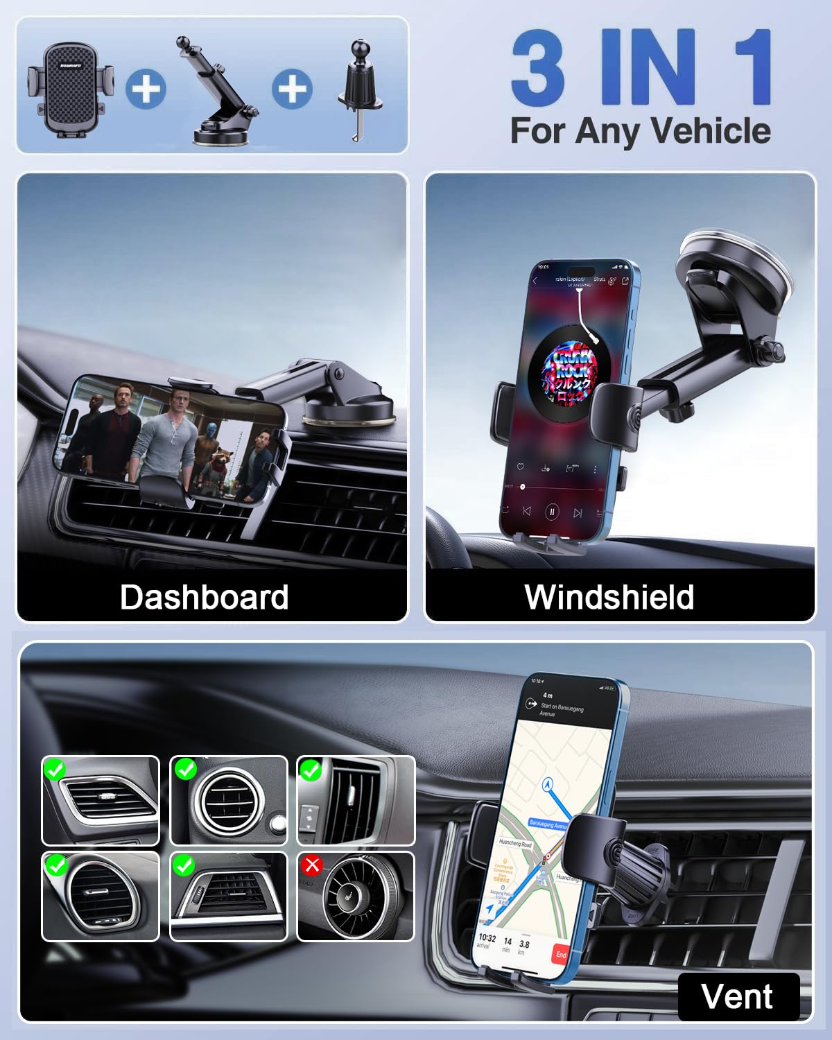 [2025 NEW] Car Phone Holder [Upgraded Strongest Suction & Clip] Cell Phone Mount for Dashboard Windshield Vent,Mobile Stand Base Truck Cradle for iPhone 16 Pro Max 15 14 13 12 Samsung S25 S24 Android