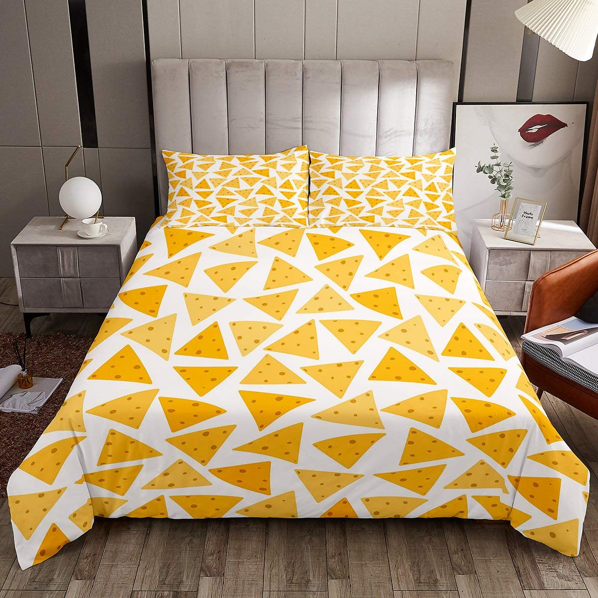 Yummy Cheese Themed Duvet Cover Tasty Cheese Print Bedding Set Delicious Cheese Comforter Cover for Kids Boys Girls Bedroom Decor Sweet Dessert Yellow Bedspread Double Size With 2 Pillow Case