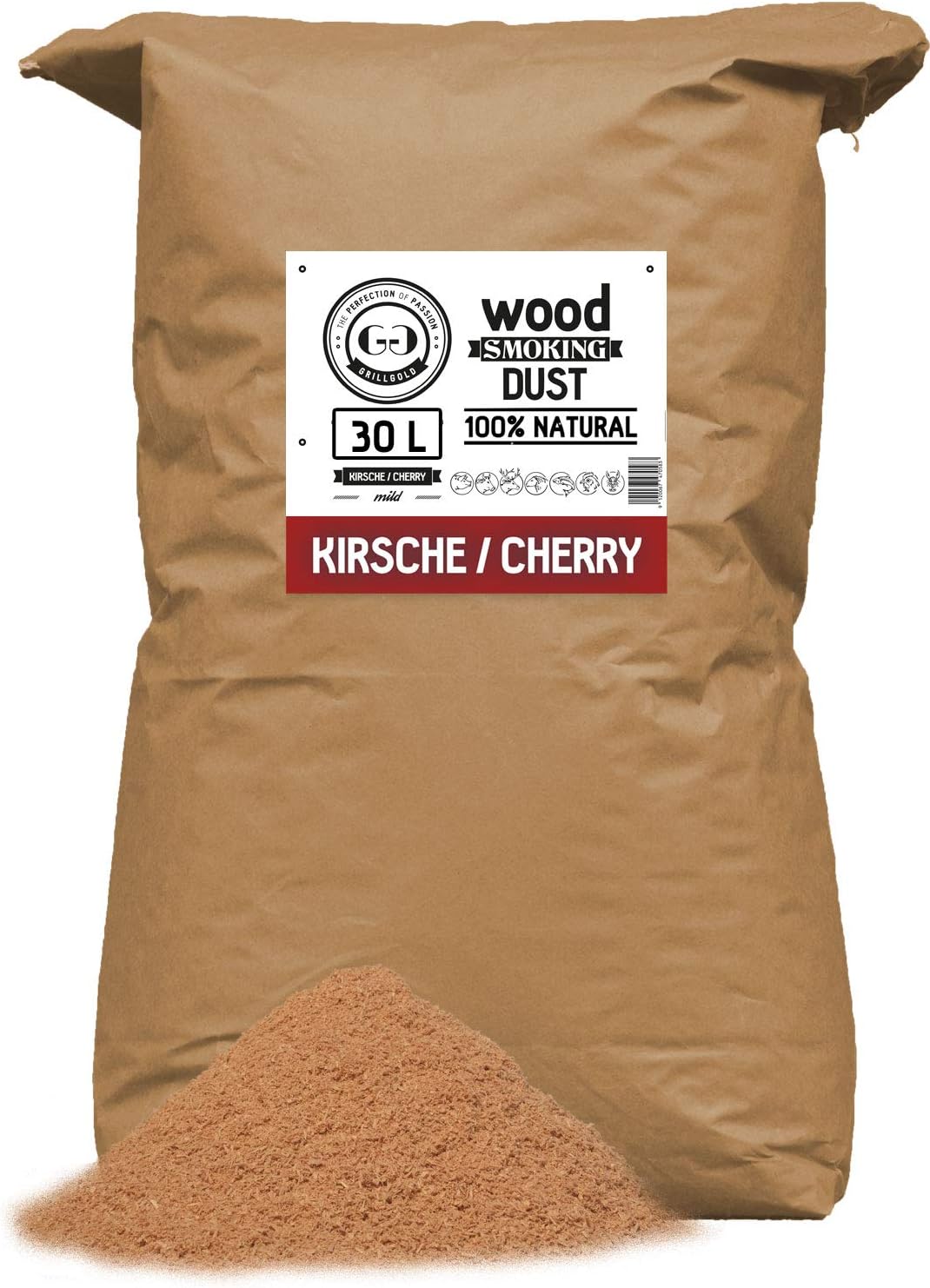 Grillgold Räuchermehl Wood Smoking Dust. Zum räuchen und kalträuchern von Fisch, Fleisch und Gemüse auch für BBQ und Grill geeignet. In Papier-Sack befüllt mit 30 Liter Kirsche