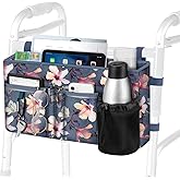 FINPAC Large Walker Tote Bag with Cup Holder, Folding Walker Attachment Hands-Free Storage Basket Mobility Aid Accessory Pouch for Elderly, Senior, Blooming Hibiscus
