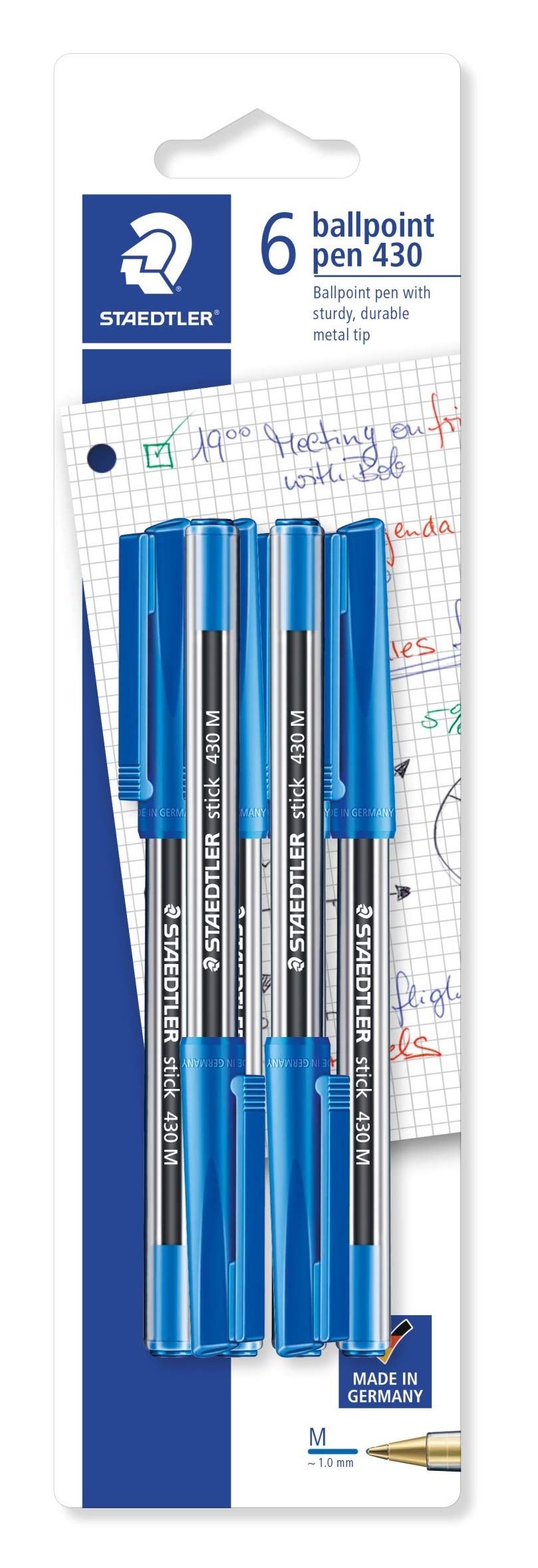 Staedtler Medium Stick 430 Ballpoint Pen, Blue, Pack of 6