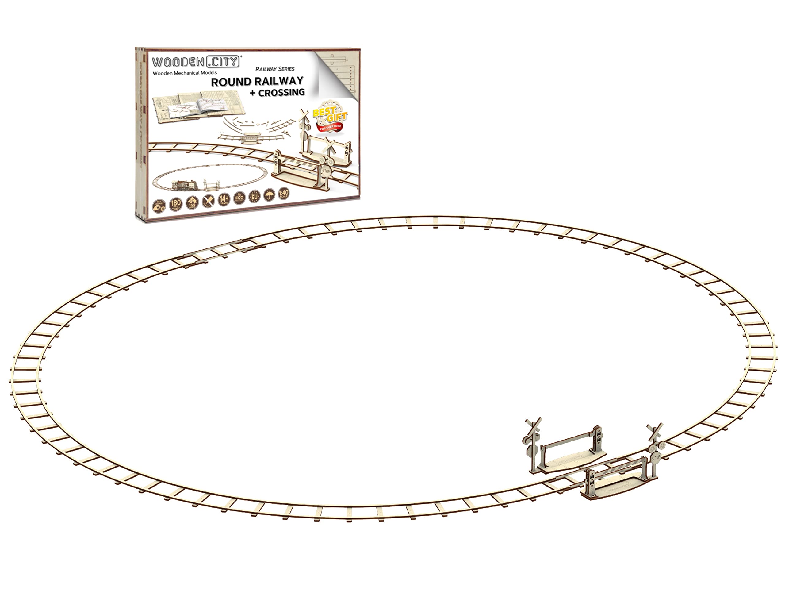 WOODEN.CITY 3D Puzzles - Round Railway + Crossing, Wooden Puzzles for Adults, Wooden Model Kits, Difficulty Level 3/5, Assembly Time 3 Hours, Made in EU, Unique Gift for Locomotives Models Lovers